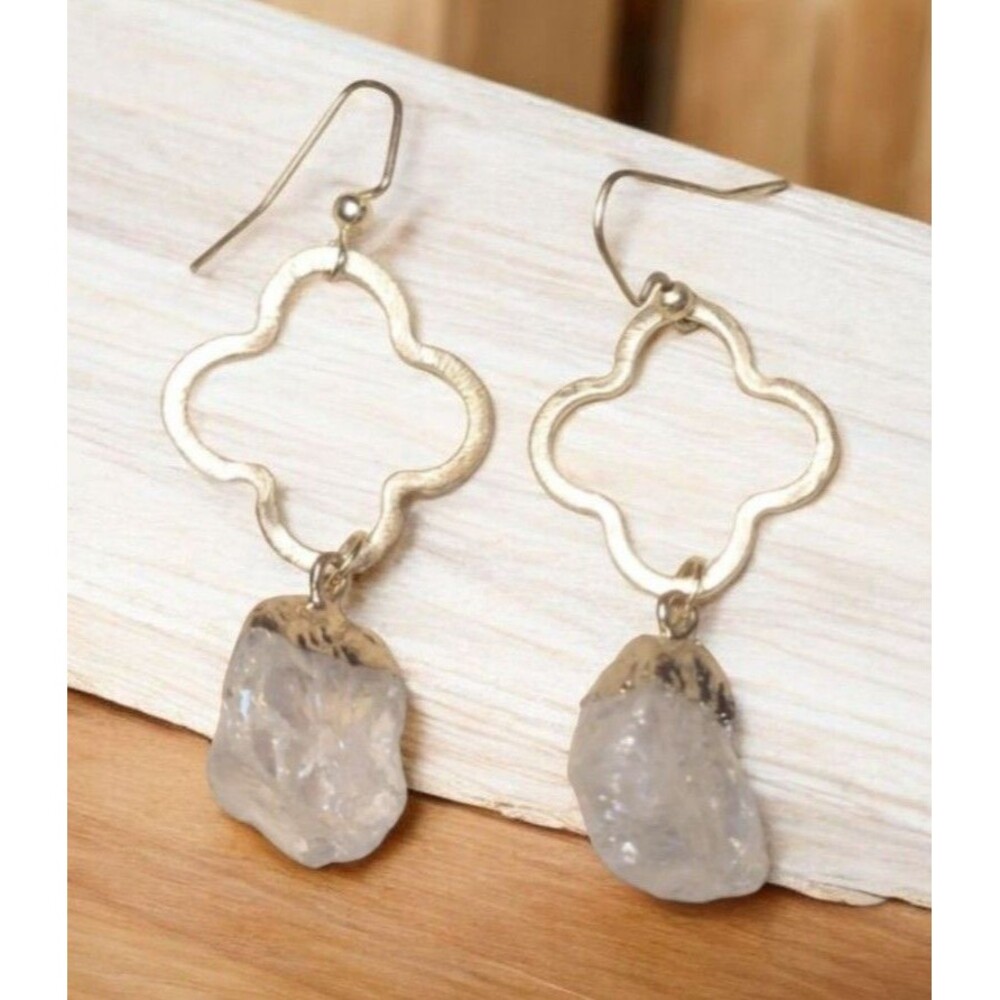 Brushed Gold tone Iridescent Crystal Stone Dangle Earrings